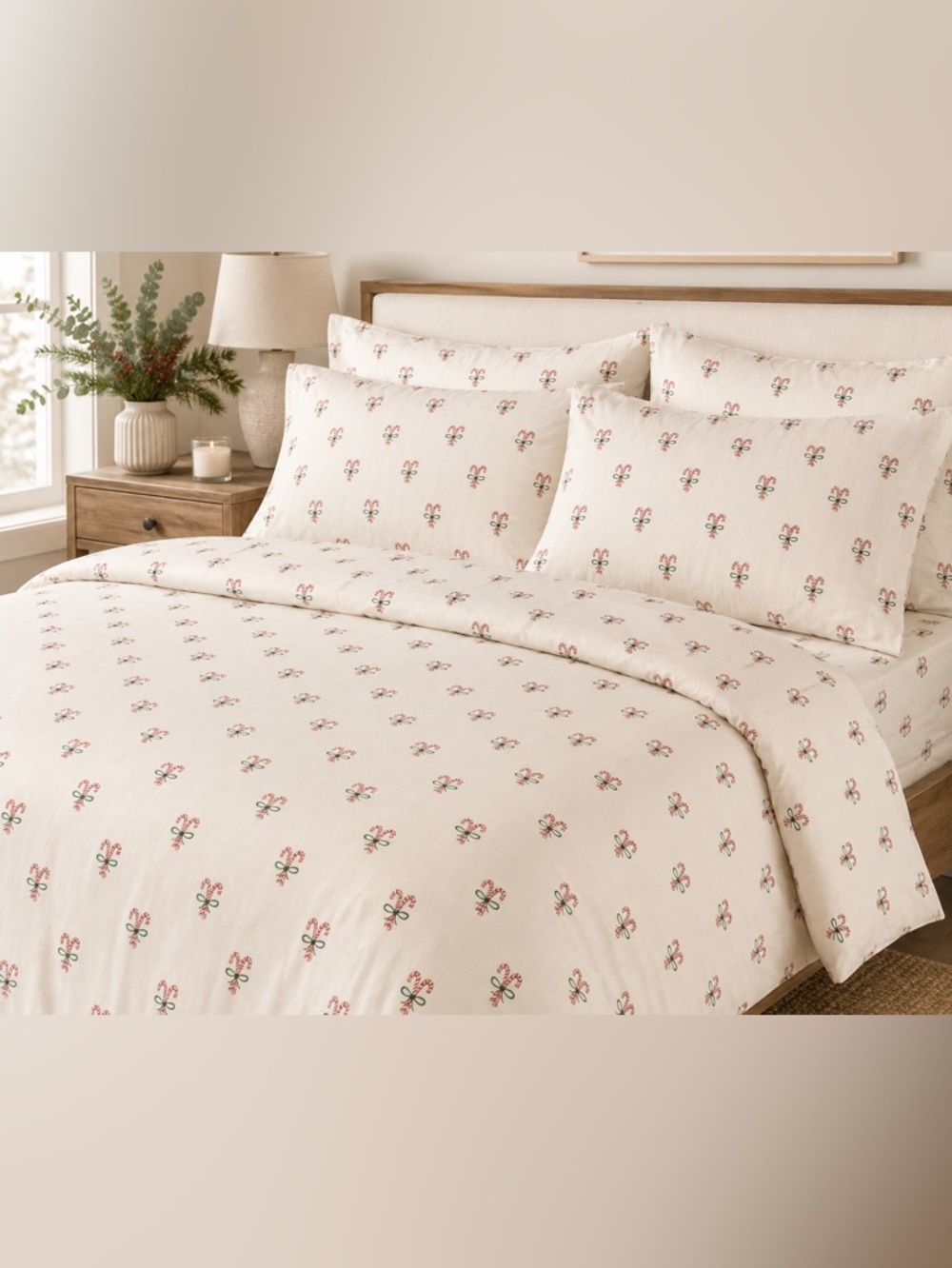 Candy Cane Print Christmas Cotton Sateen Cream Queen Bedding Set